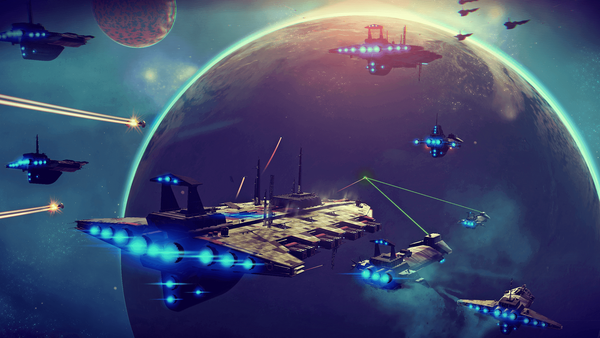 A giant space battle in No Mans Sky
